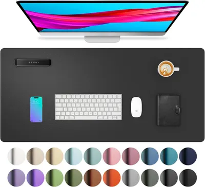 Shows the core product (desk mat) in a realistic workspace context with common desk items to demonstrate size, fit, and practical use on a desk. Displays the…