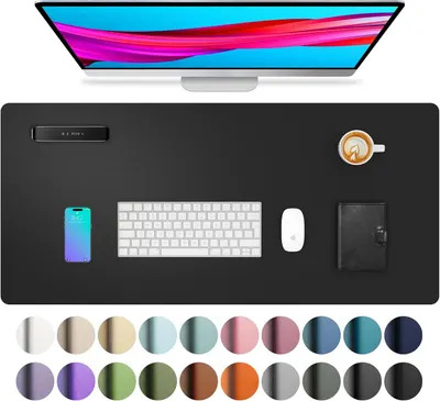 Shows the core product (desk mat) in a realistic workspace context with common office items to help shoppers visualize size, scale, and how it fits into their desk setup. Displays the wide range of…
