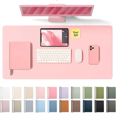 Displays the core product, a large pink desk mat, in a clean lifestyle setting to show its size, color, and how it organizes a workspace. Shows the wide range…