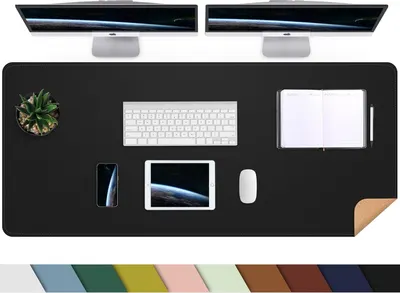 Displays the core product, a large desk mat, prominently in a clean lifestyle setting to show its size, surface texture, and how it fits into a workspace.…