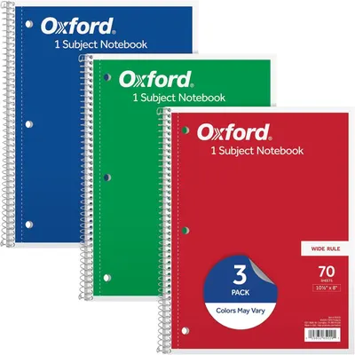 Shows the core product—three Oxford 1-Subject Notebooks in blue, green, and red—to communicate what the shopper will receive in this 3-pack purchase. Displays…