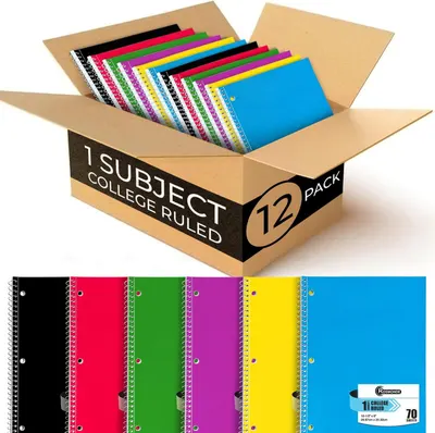 Shows the core product—a 12-pack of college ruled spiral notebooks in multiple colors—to communicate the quantity and variety included in the purchase.…
