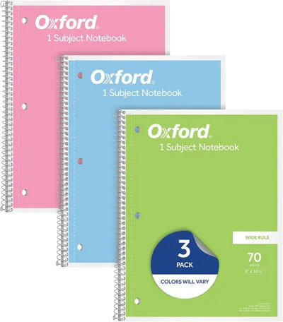 Shows the core product—Oxford 1 Subject Notebooks—in three different colors (pink, blue, green) to communicate the variety and multi-pack nature of the…