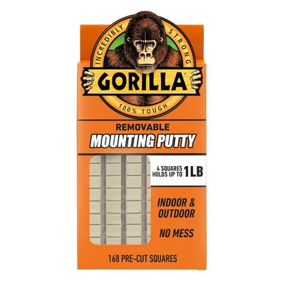 Shows the product in its retail packaging to communicate brand identity, product type (removable mounting putty), key features (holds 1lb, indoor/outdoor, no mess), and quantity (168 pre-cut…