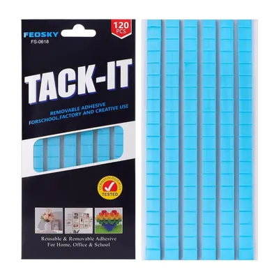 Shows the core product - blue removable adhesive squares arranged in strips - clearly visible both on the packaging and as the actual product, communicating…