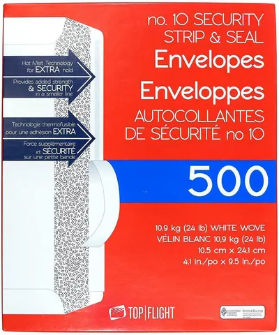 Shows the core product packaging for 500 security strip and seal envelopes, communicating the quantity, size, and security features to help shoppers understand what they are purchasing. Displays the…