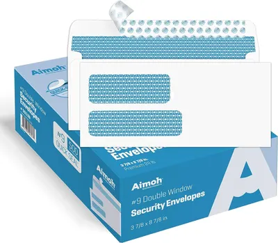 Shows the core product—a box of #9 double window security envelopes—with multiple envelopes displayed to communicate the product's design, security pattern, and professional appearance. Displays the…