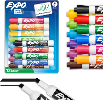 Shows the complete set of 12 dry erase markers in various colors, both in retail packaging and loose, to communicate the variety and quantity included in the…
