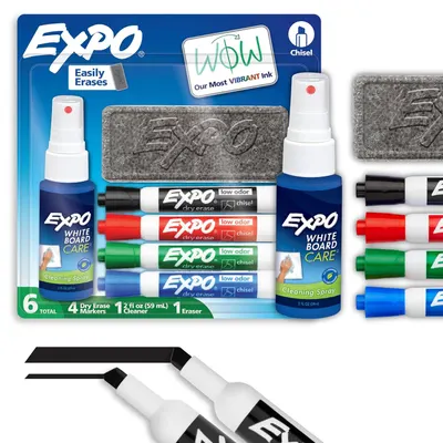 Displays the complete Expo whiteboard care kit including four dry erase markers in different colors, cleaning spray, and eraser to show shoppers everything…