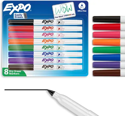Shows the complete set of 8 dry erase markers in various colors to communicate the variety and quantity included in the purchase. Displays the retail…