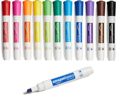 Displays the core product (dry-erase markers) in a clean catalog-style presentation, showing the full range of available colors and the chisel point tip…