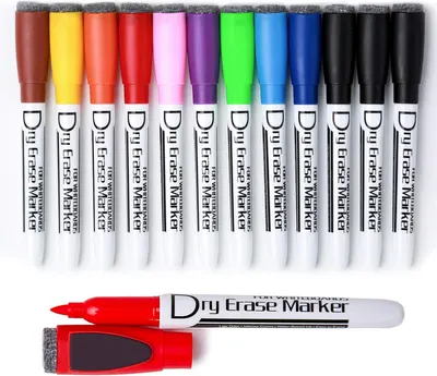 Displays the core product (dry erase markers) in a clean catalog-style presentation to show what the buyer will receive. Shows the full range of available color options for the dry erase markers,…