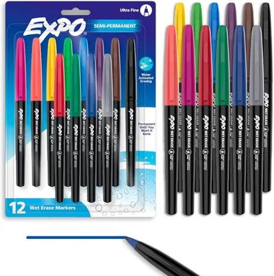 Shows the complete 12-marker set in retail packaging alongside the unpackaged markers to communicate the variety of colors included and the product design,…