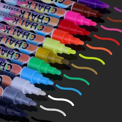 Displays the full range of chalk marker colors available to show shoppers the variety and vibrancy of the product line. Demonstrates how each marker writes…
