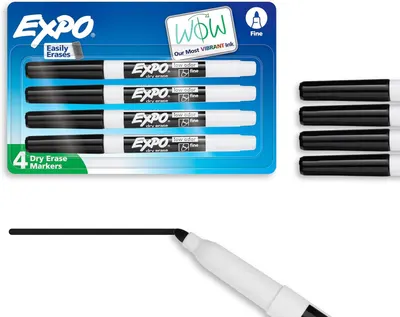 Shows the core product—a 4-pack of Expo fine-point dry erase markers—both in retail packaging and individually, so shoppers can see exactly what they are…