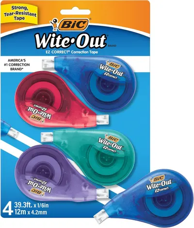 Shows the core product—a 4-pack of BIC Wite-Out correction tape dispensers in multiple colors—clearly displayed on retail packaging to communicate what the…