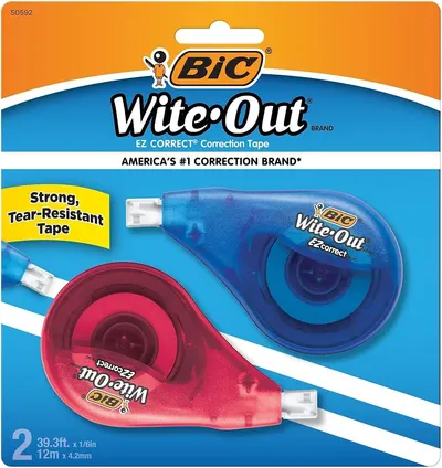 Shows the core product—two BIC Wite-Out correction tape dispensers in different colors—clearly displayed on retail packaging so shoppers can see exactly what…