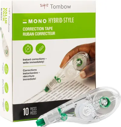 Shows the core product—Tombow MONO Hybrid-Style correction tape dispensers—clearly displayed with packaging to communicate what the shopper will receive.…