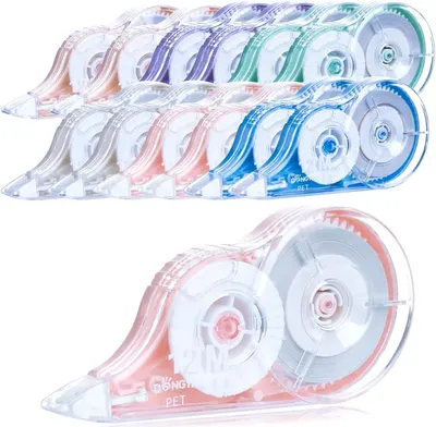 Shows shoppers the variety of color options available for the correction tape dispensers, allowing them to choose their preferred color from pink, purple, green, and blue variants.