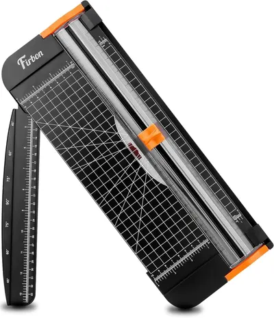 Displays the paper trimmer as the core product with clear visibility of its cutting mechanism, measurement grid, and orange safety features to communicate its…