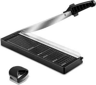 Shows the core product clearly on a white background, allowing shoppers to see the paper cutter's design, blade mechanism, measurement grid, and included…