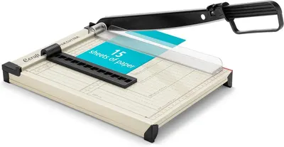 Shows the core product—a paper cutter/trimmer—clearly displayed with its key features visible, including the cutting blade, measurement grid, and capacity indicator to help shoppers understand what…