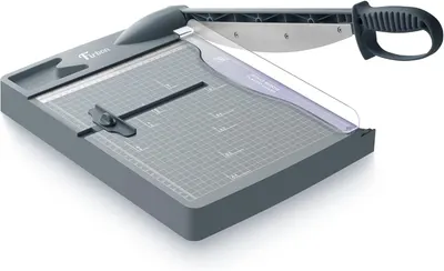 Shows the complete paper trimmer product with its key features including the guillotine cutting blade, measurement grid, and ergonomic handle to help shoppers…