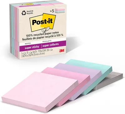 Shows the Post-it sticky notes product in multiple pastel colors with its retail packaging, communicating the eco-friendly recycled paper material and super sticky adhesive feature to shoppers.…
