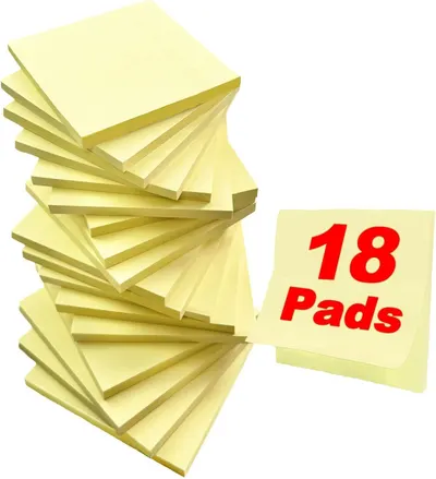 Shows the core product clearly - a multi-pack of 18 yellow sticky note pads stacked together, communicating the quantity and format of what the buyer will receive. The red text overlay reading 18…