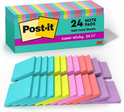 Shows the Post-it note pads in their retail packaging alongside the full set of 24 colorful pads to communicate the quantity and color variety included in the purchase. Displays the branded retail…