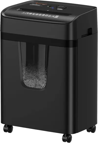 Displays the core product clearly on a white background, showing the shredder's design, control panel, and transparent window with shredded paper to…