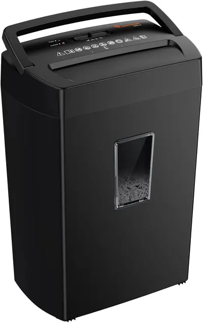 Displays the core product clearly on a white background, showing the shredder's design, control panel, and transparent window that reveals shredded paper…