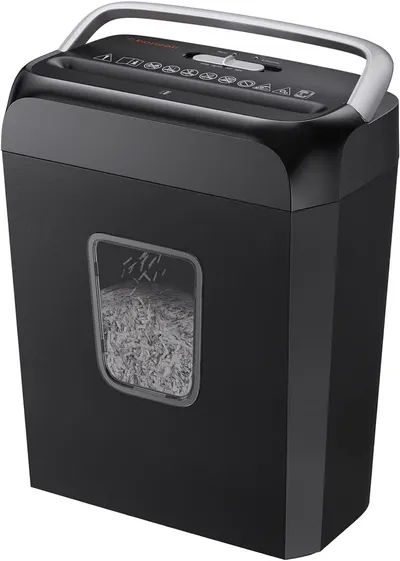 Shows the core product clearly on a white background, allowing shoppers to see the design, control panel, and transparent window that displays shredded paper…