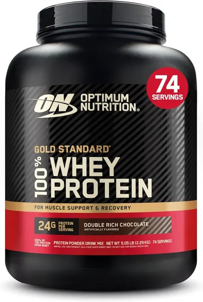 Displays the core sellable product—a large tub of Optimum Nutrition Gold Standard Whey Protein—in a clean, catalog-style presentation to clearly show what the shopper will receive. Uses a soft drop…