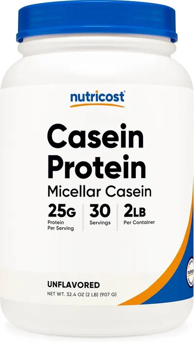 Displays the core product—a 2-pound container of Nutricost Casein Protein—clearly showing the brand, product type, key nutritional facts (25g protein per serving, 30 servings), and unflavored…