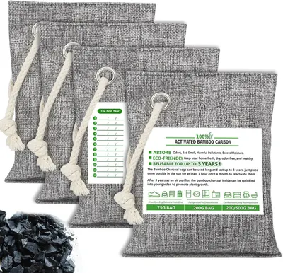 Displays the core product—bamboo charcoal air purifier bags in multiple sizes—to show shoppers what they will receive and the size variations available in the set. Includes an informational card…