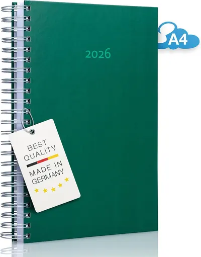 Displays the core product, a green spiral-bound 2026 notebook in A4 size, clearly showing its design and format to help shoppers understand what they are purchasing. Includes visual embellishments…