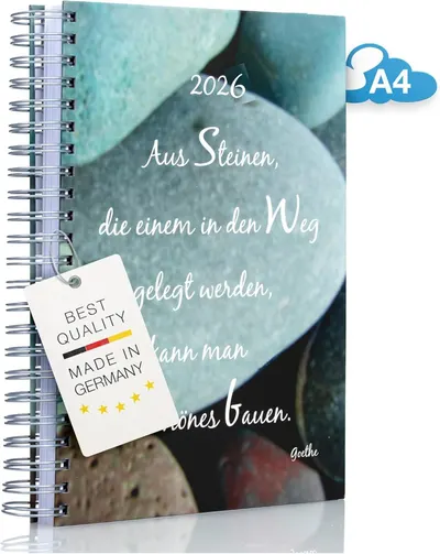 Shows the core product, a 2026 spiral-bound notebook or planner with decorative stone imagery and German text, clearly displaying its design and format. Highlights the product's German manufacturing…