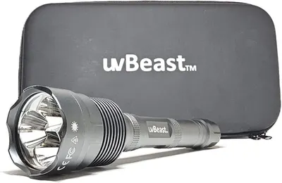 Displays the core product, a uvBeast branded flashlight with its included carrying case, showing shoppers exactly what they will receive. Shows the branded protective case that comes with the…