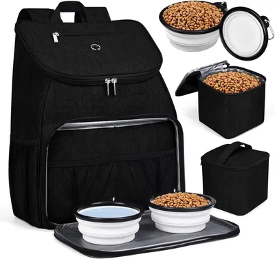 Shows the complete pet travel backpack system with all included storage containers and accessories to communicate the comprehensive solution for pet owners on the go. Demonstrates all the included…