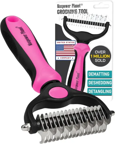 Displays the core sellable product - a set of pet grooming tools including dematting and deshedding combs with ergonomic pink and black handles, clearly showing what the buyer will receive. Shows…