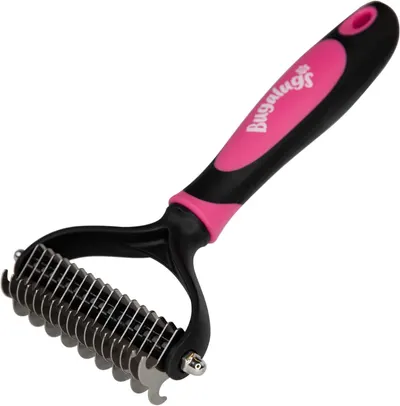 Displays the core product clearly to show shoppers what they will receive, emphasizing the ergonomic pink and black handle design and the metal grooming rake head.