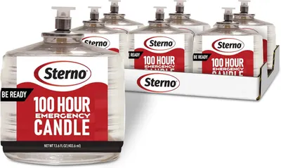 Shows the core product—a multi-pack of Sterno emergency candles—clearly displayed to communicate what the buyer will receive, emphasizing the long burn time and emergency preparedness benefit.…