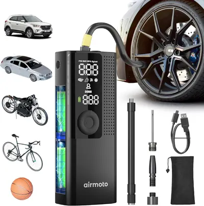 Shows the core product, a portable tire inflator with digital pressure display, along with all included accessories and attachments to communicate the…