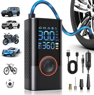 Shows the core tire inflator product with its digital pressure display and control interface, communicating its precision and ease of use to shoppers. Displays all included accessories such as…