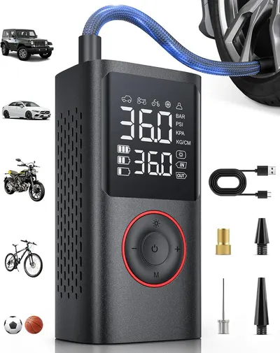 Shows the portable tire inflator as the core product with its digital pressure display and control interface, reassuring shoppers of its ease of use and versatility across different vehicle types.…