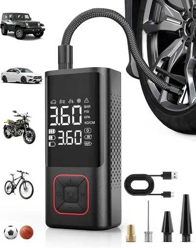 Shows the core product, a portable tire inflator with digital pressure display, clearly visible with its main features and design. Displays all included accessories such as USB charging cable, valve…