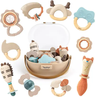 Displays the complete baby teether toy set with its storage container to show shoppers all included items and the organizational solution provided. Shows all the individual teether toys, rattles,…
