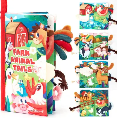 Shows the core product—a children's fabric book with interactive animal tail features—to communicate its educational and sensory play value for young children. Demonstrates how the book works by…