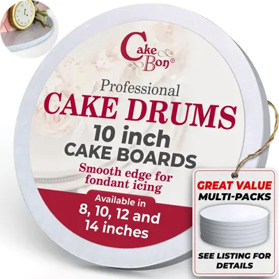 Displays the core product—a 10-inch professional cake drum/board—clearly showing its size, smooth edge design, and suitability for fondant icing to help bakers understand what they are purchasing.…